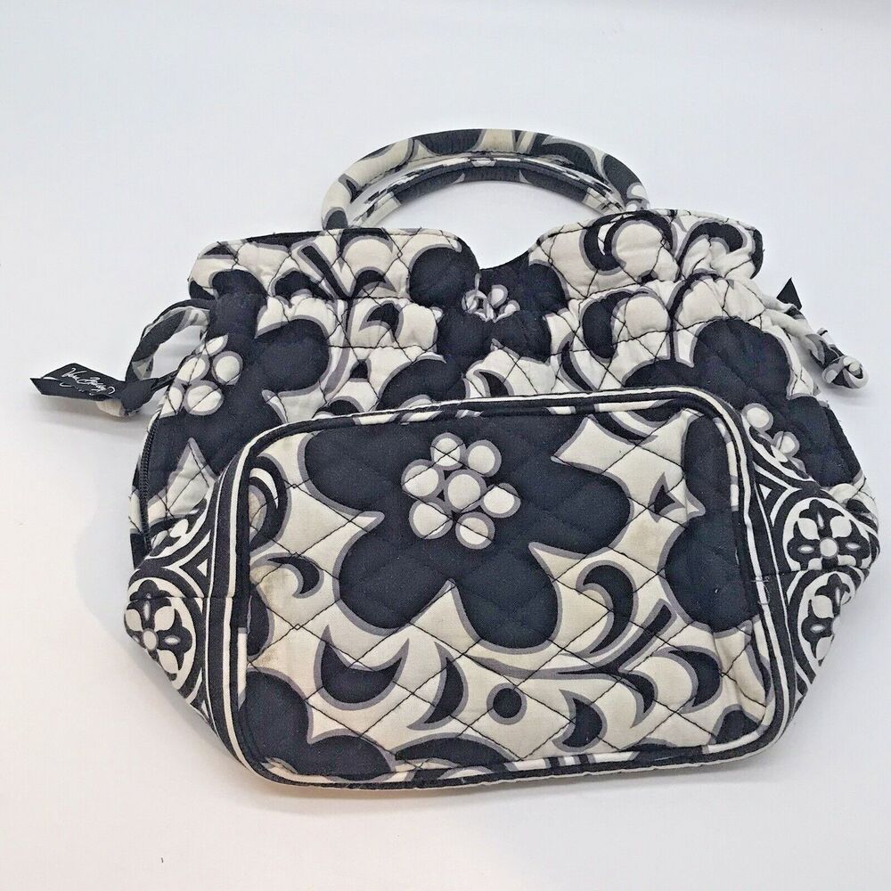 VERA BRADLEY Night & Day Draw String Satchel Black & White Double Handle Purse - Picture 5 of 10